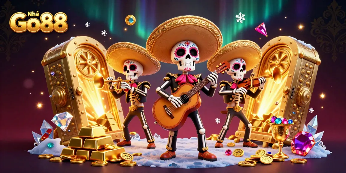 Engage with Nhà cái Go88 through a vibrant 3D illustration of a festive mariachi band amid sparkling treasures representing the excitement of online gaming.