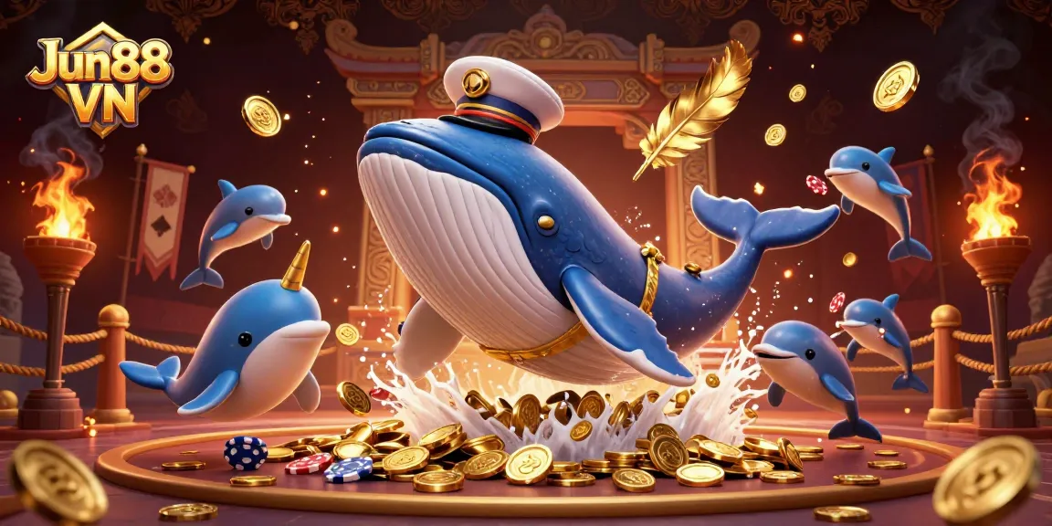 Experience excitement at Jun88 VN with a cartoon whale and dolphins in a vibrant casino scene.