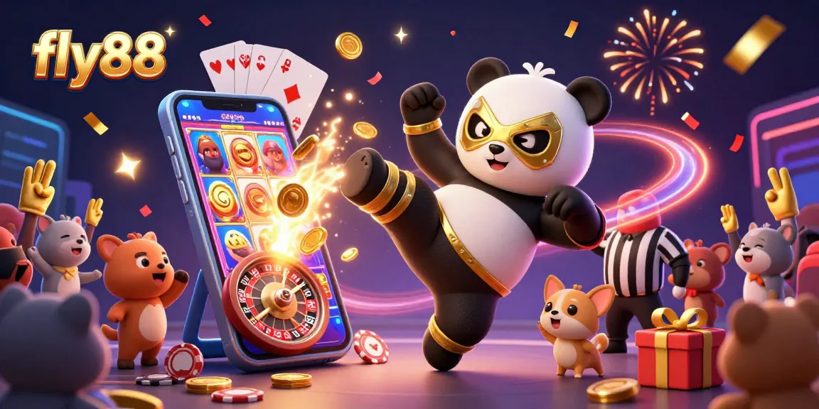 Experience thrilling gameplay at fly88 as the wrestler panda executes a flying kick amidst colorful casino elements.