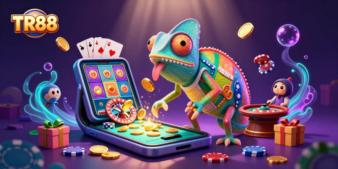 Experience TR88's vibrant casino atmosphere with a colorful chameleon and dynamic gaming action.
