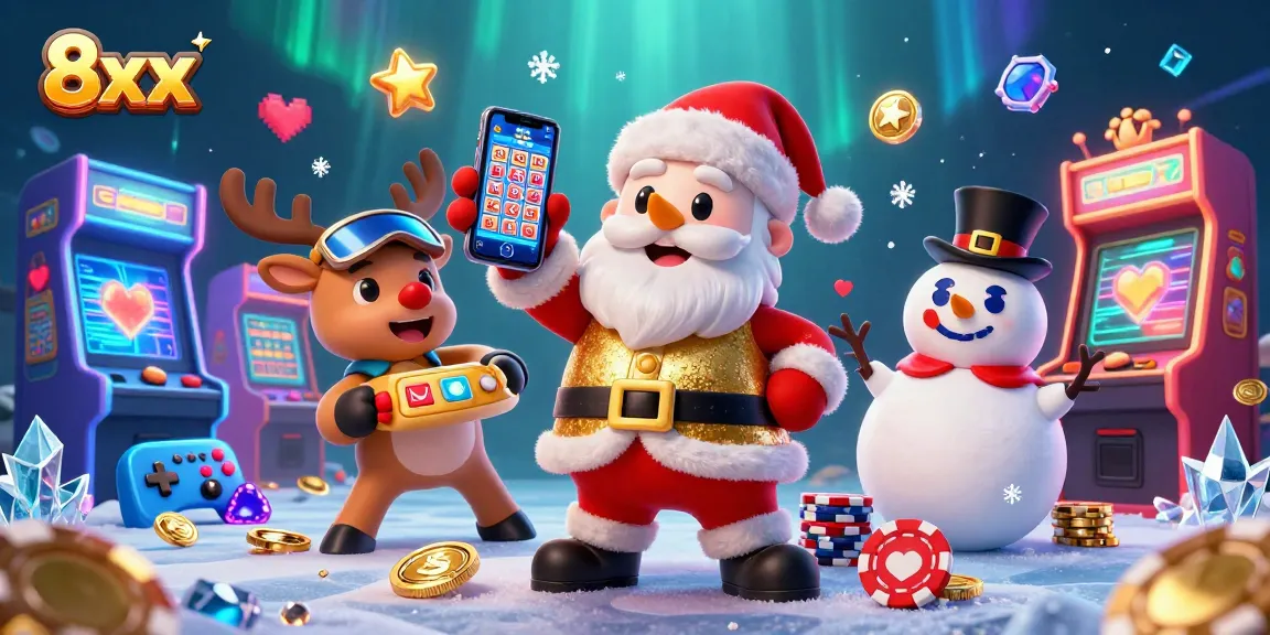 Join Santa Claus and his reindeer in a vibrant casino scene with jackpot excitement at 8xx.