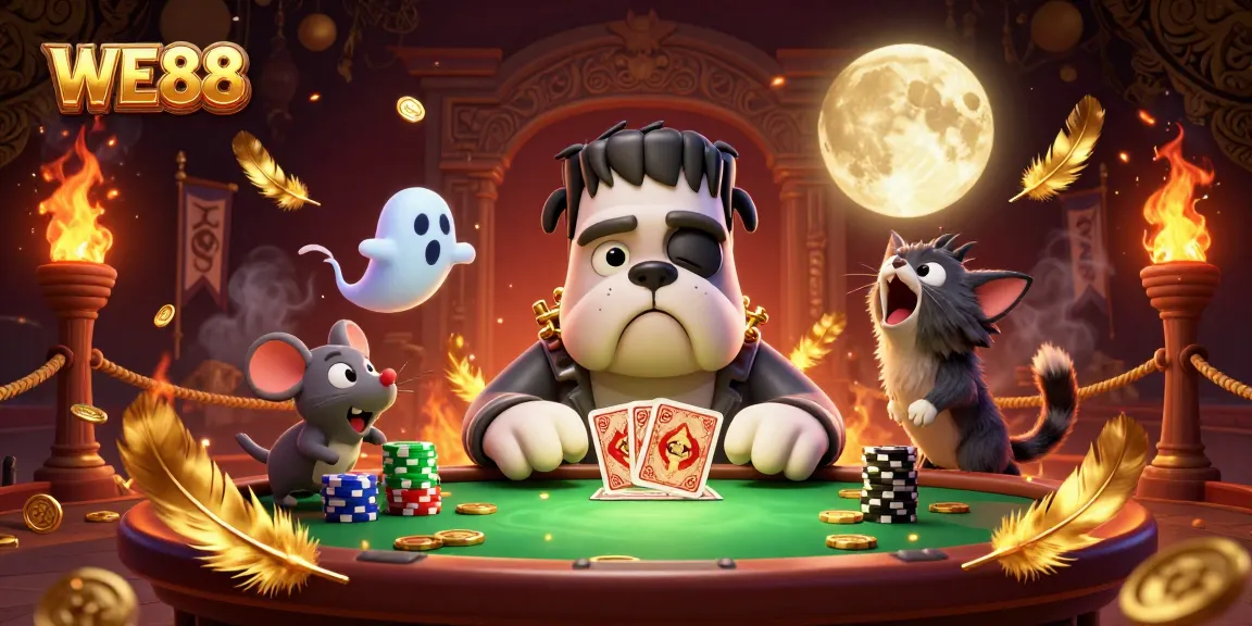 WE88 showcases a thrilling 3D gaming atmosphere with a bulldog dealer and gold accents.