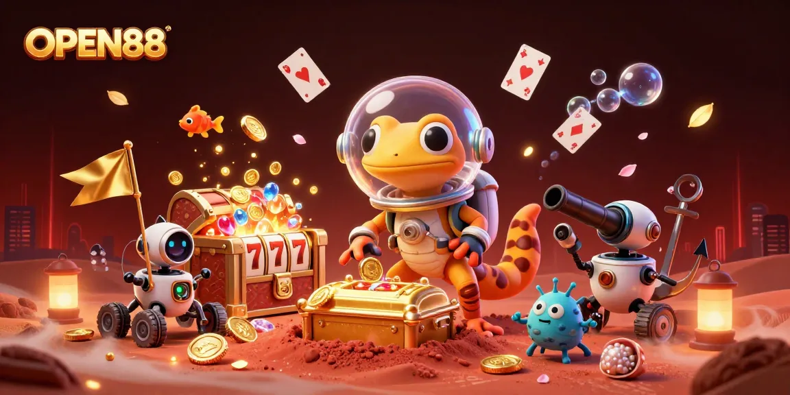 Exciting OPEN88 casino adventure captured in a 3D scene with a Martian gecko and golden treasures.