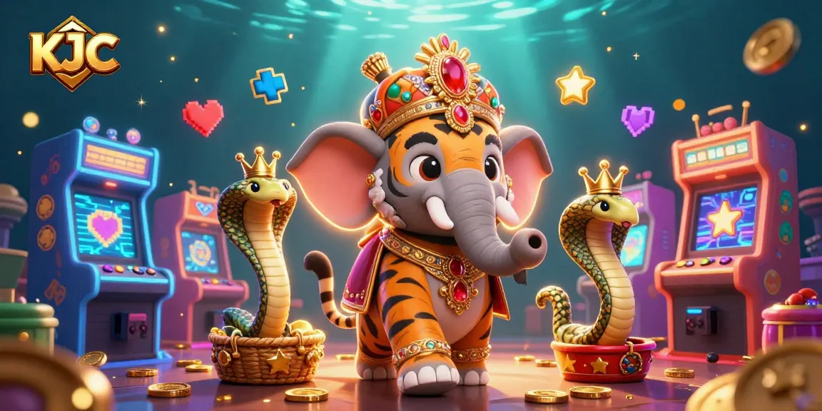 KJC offers vibrant gaming experiences featuring a tiger and elephant under sparkling lights.