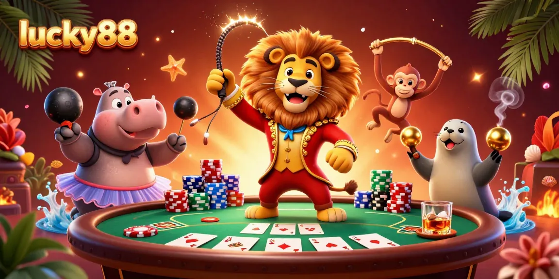 Immerse in lucky88's vibrant casino scene featuring the playful ringmaster lion and lively characters.