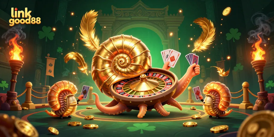 Win big with link good88 at this vibrant online casino illustrated scene, showcasing a giant nautilus roulette wheel.