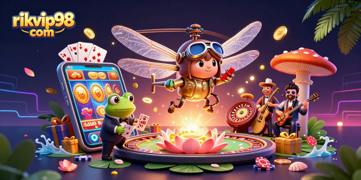 Spin and win at rikvip98 com with vibrant 3D casino elements featuring a lively scene of characters.