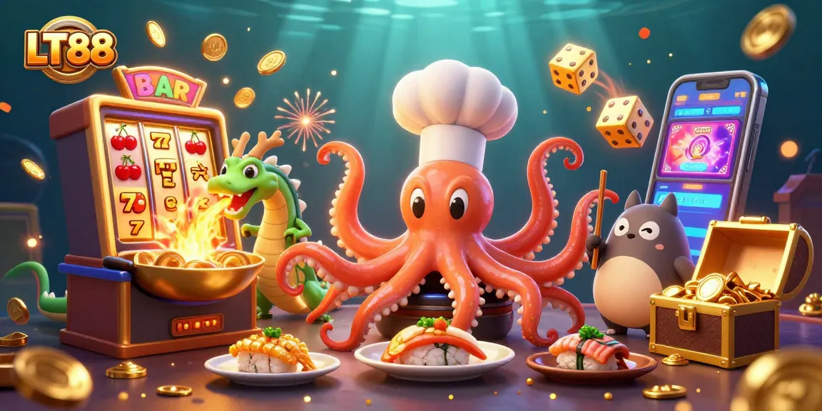 Engage in exciting gameplay with LT88, featuring a dynamic casino scene with vibrant characters and slot machines.