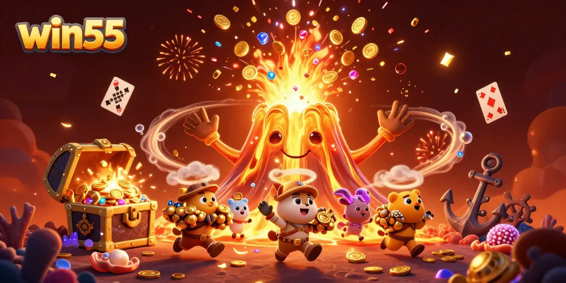 Experience excitement and instant wins with win55 in a vibrant 3D casino scene full of treasures.