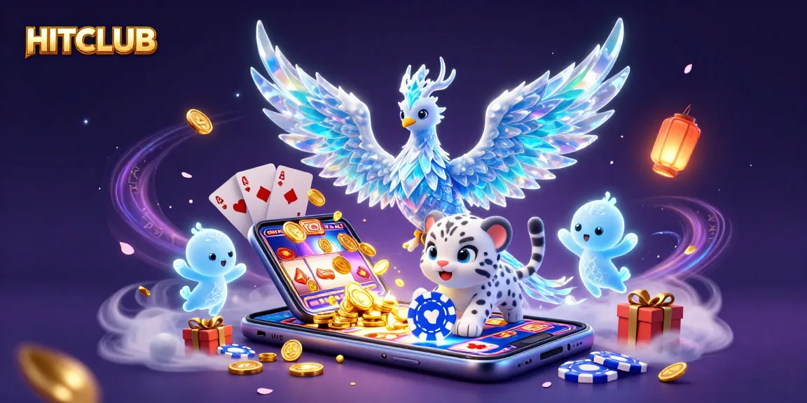 Engage with HITCLUB's vibrant casino world featuring a whimsical ice phoenix and slot game action.