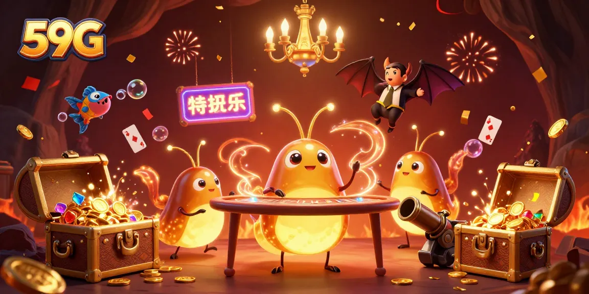Engage with the vibrant 59G cave casino experience featuring glowing characters and treasures.