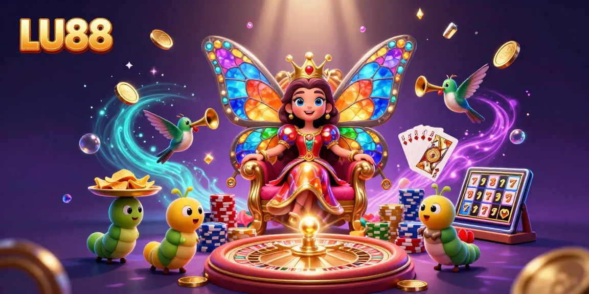 LU88 casino adventure featuring a butterfly queen among golden coins and colorful poker chips.