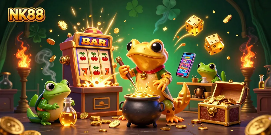 NK88 characters transform metals into gold coins amidst a vibrant casino scene with dynamic elements.