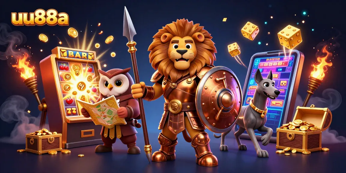 Experience exciting gambling adventures with uu88a at this vibrant casino-themed illustration featuring a Spartan lion, tactical owl, and greyhound.