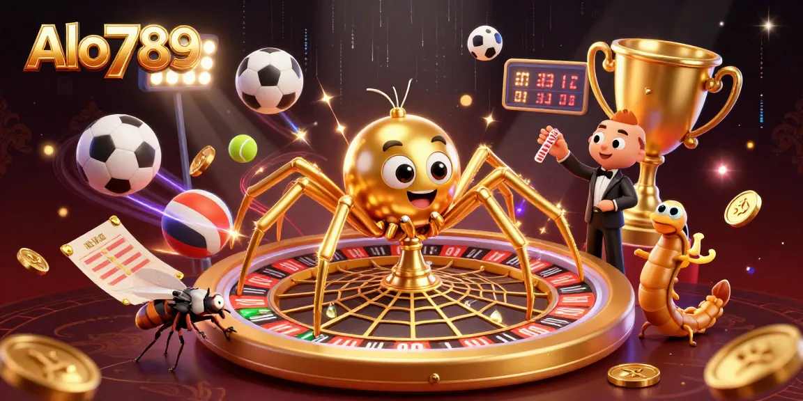 Alo789 showcases a vibrant 3D casino scene with a spider roulette wheel and dynamic bets.