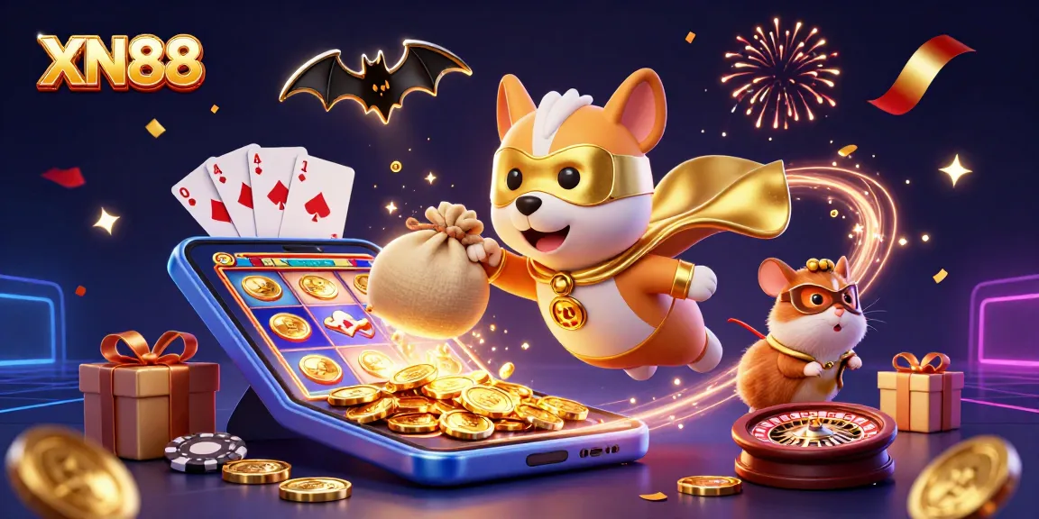 Experience thrilling gaming action with XN88 featuring a heroic dog and hamster, surrounded by casino elements.