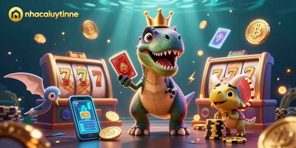 Place bets on nhacaiuytinne while enjoying a vibrant 3D casino scene featuring playful dinosaur characters.