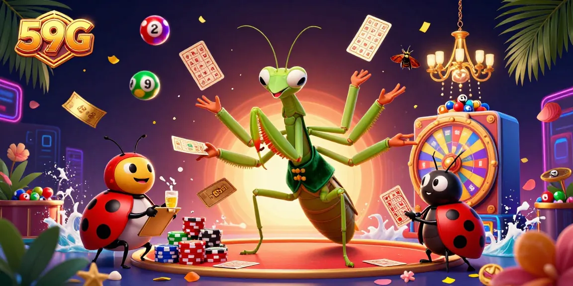 Engage with 59G's dynamic online casino scene featuring a giant praying mantis card sharp, vibrant lottery elements, and lively, colorful games.