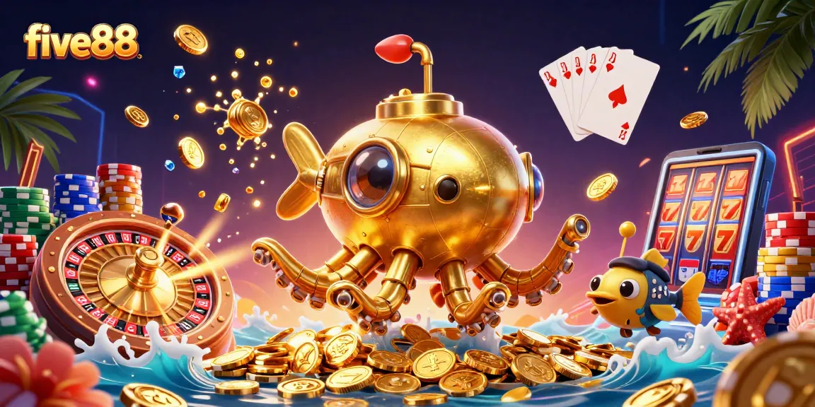 Experience the thrill of five88 with a thrilling scene of a kraken and sparkling casino elements.