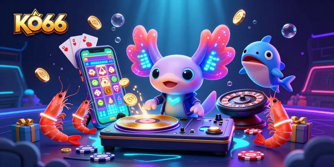 Watch the vibrant KO66 axolotl DJ spin golden records in this energetic underwater casino scene.