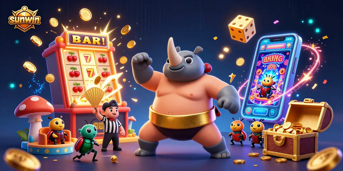 Experience the excitement of sunwin with a dynamic 3D illustration featuring a sumo champion beetle and vibrant casino elements.
