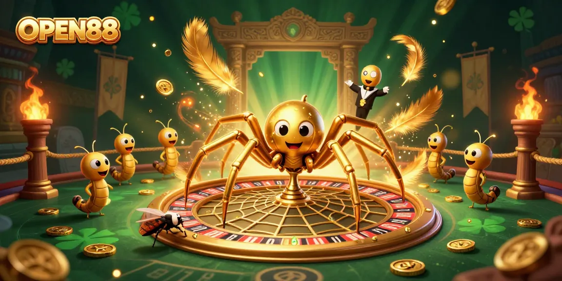 Place bets at OPEN88 with a thrilling roulette scene featuring a golden spider and centipede croupier.