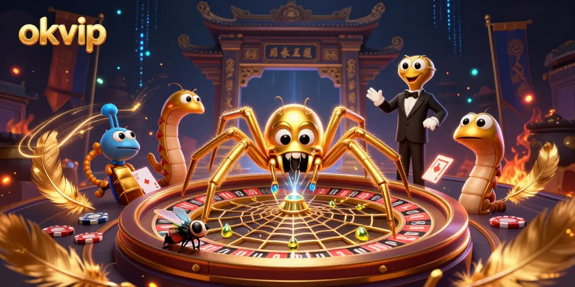 Engage with okvip’s thrilling casino world as a golden spider spins a roulette wheel while a centipede dealer oversees bets.