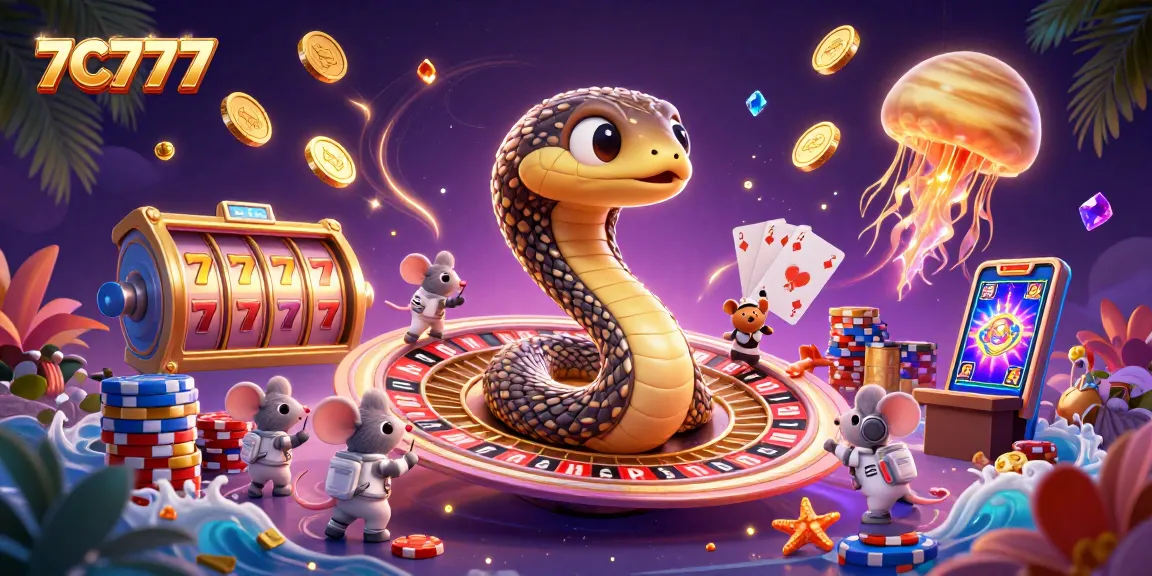 Join the excitement of 7C777 as cosmic dealers and bets combine in a vibrant casino scene.
