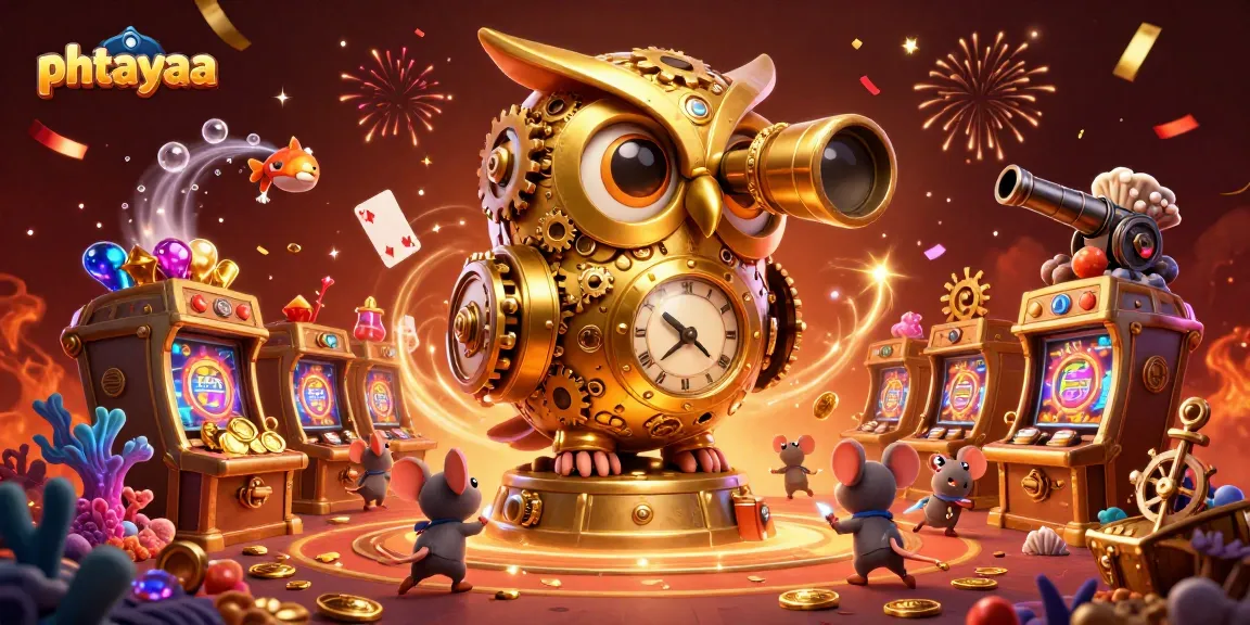 Experience thrilling gameplay at phtayaa with a massive clockwork owl overlooking vibrant casino action.