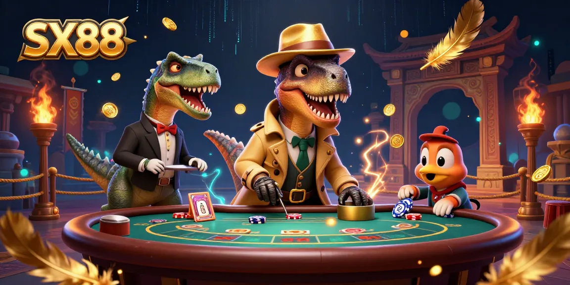 SX88 showcases an engaging casino scene with a velociraptor card counter captured at a blackjack table.
