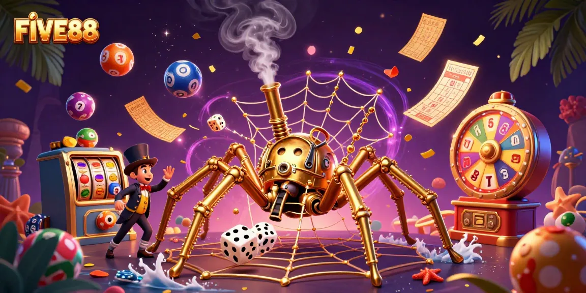 Catch excitement with the FIVE88 steampunk spider in a vibrant gaming scene filled with lottery elements.