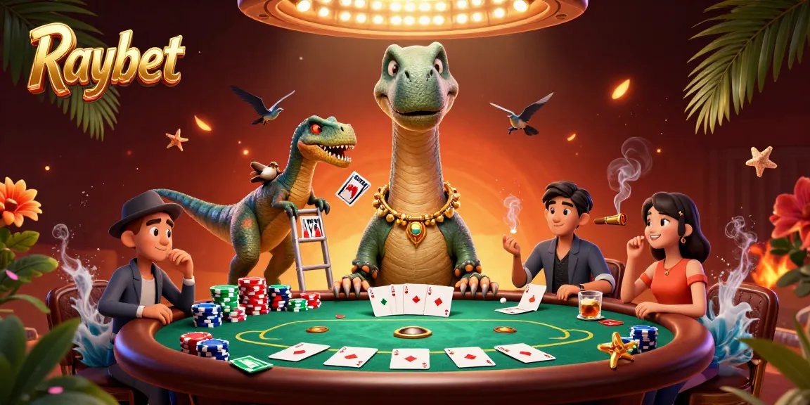 Raybet showcases unique gaming with a giant brontosaurus and clever raptor at a poker table.