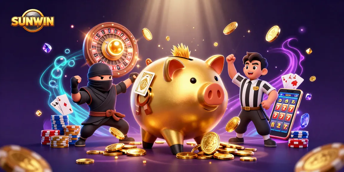 SUNWIN promotes thrilling gaming with a golden piggy bank wrestler and dynamic casino elements