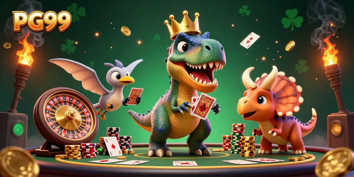Experience thrilling live casino action with PG99's characters, T-Rex and friends, shuffling cards and stacking chips.