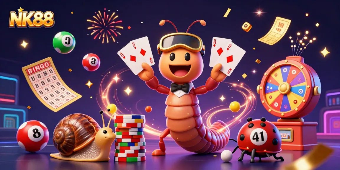 Engage with NK88's thrilling casino experience featuring vibrant characters amid a dynamic gaming scene.