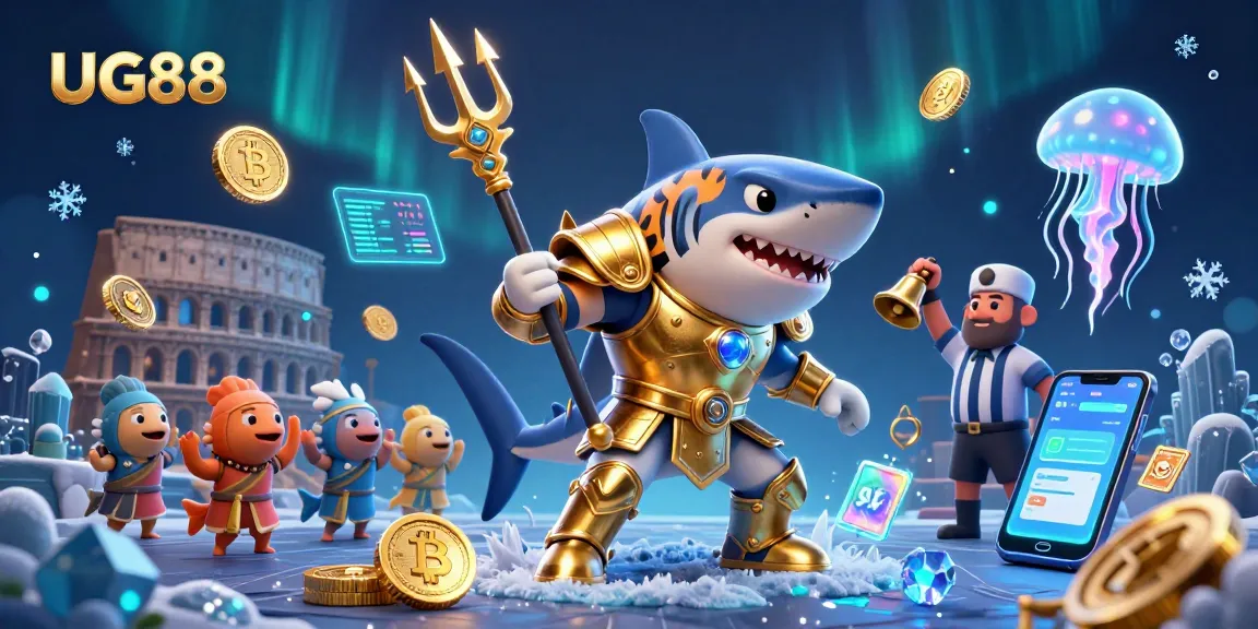 Experience thrilling gameplay at UG88 with a fierce shark gladiator and dazzling cryptocurrency elements.