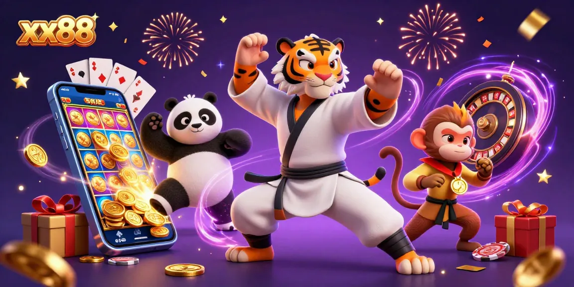 Experience the excitement at xx88 with a vibrant scene of characters and casino games illustrating online gambling.
