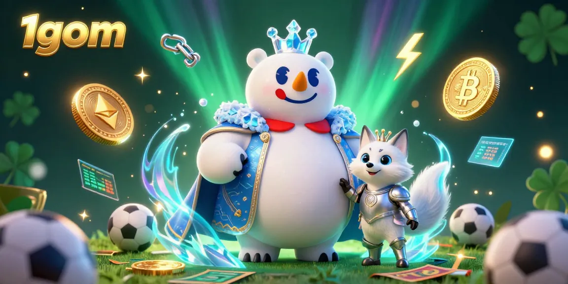 Engage in sports betting with 1gom's royal bear and fox amidst vibrant, dynamic elements.