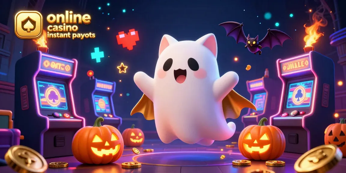 Experience online casino instant payouts with a lively scene of a friendly ghost cat and colorful gaming elements.