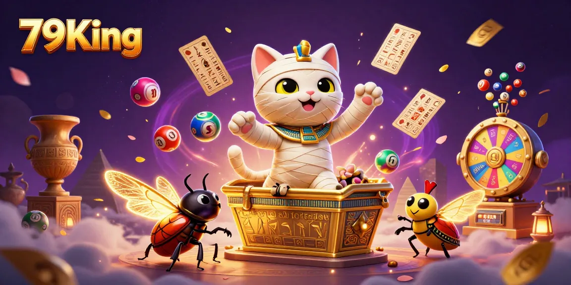 Win big with 79King's thrilling casino experience featuring an Egyptian mummy cat and vibrant gaming elements.