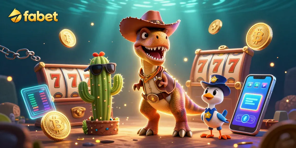Spin slots and win with fabet featuring a cowboy dinosaur and vibrant game elements.