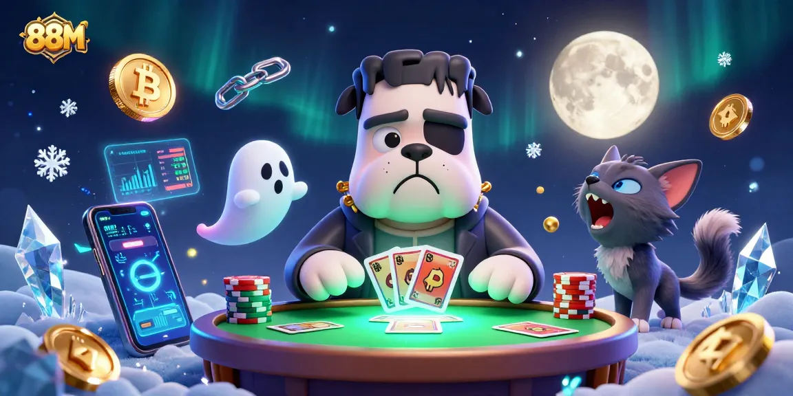 Engage with 88M as Frankenstein bulldog monster deals cards at a glowing casino table amidst crypto coins.