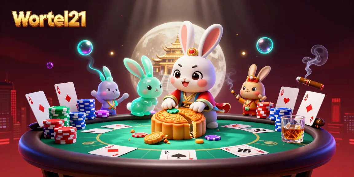 Wortel21 ignites the casino thrill with poker chips and vibrant casino elements in a lunar-themed illustration.
