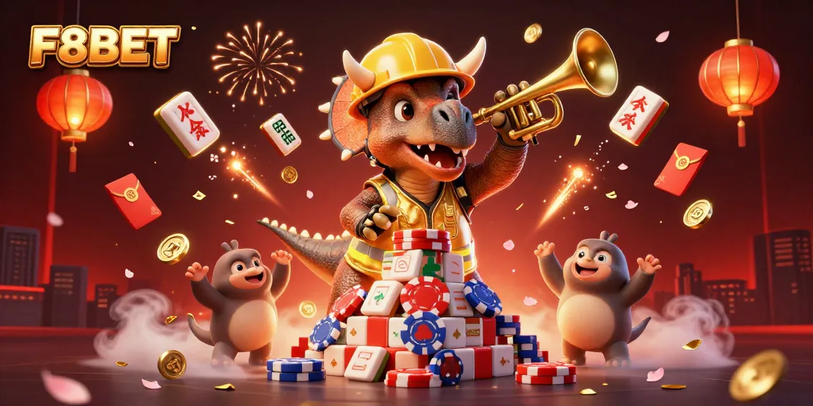 Build a poker chip pyramid with F8BET's lively casino characters celebrating in a dynamic scene.