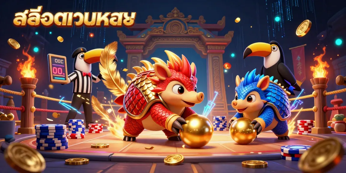 Engage with สล็อตเว็บตรง as rival pangolins roll through golden balls amid an energetic casino scene.