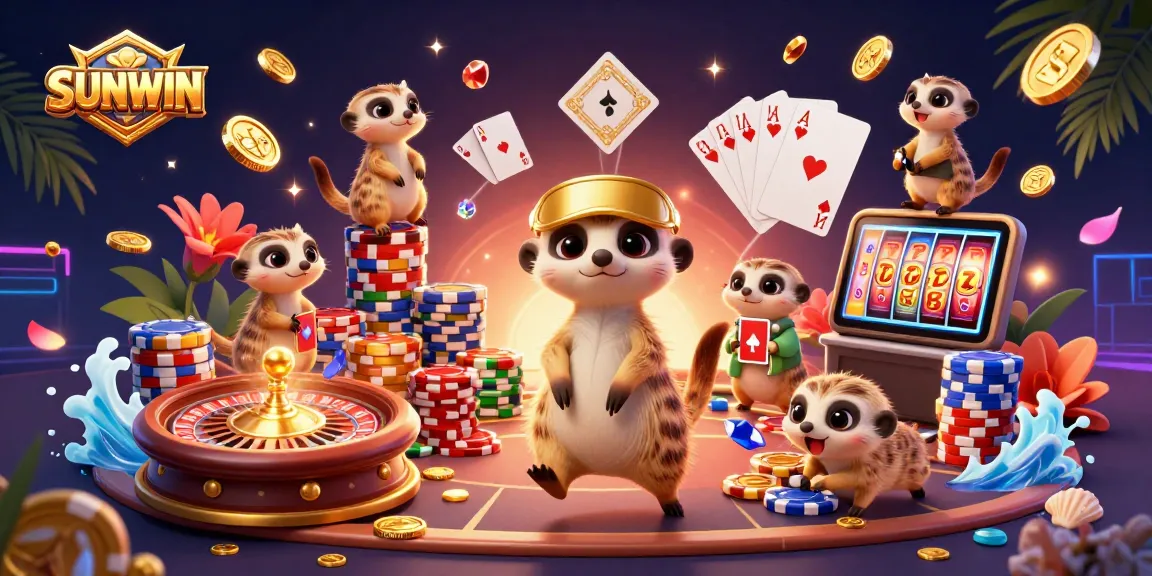 SUNWIN meerkats run a vibrant casino, showcasing chips and cards in a dynamic game scene.