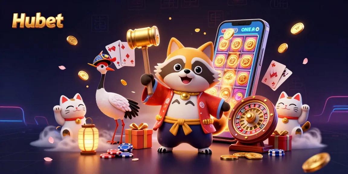 Play engaging slots at Hubet with a vibrant 3D scene featuring a lucky tanuki and jackpot elements.