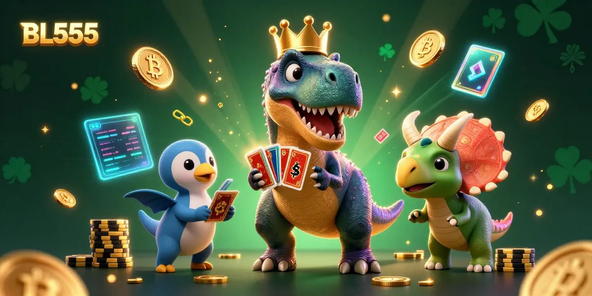 Engage with exciting BL555 casino scenes featuring animated dinosaurs and crypto elements.