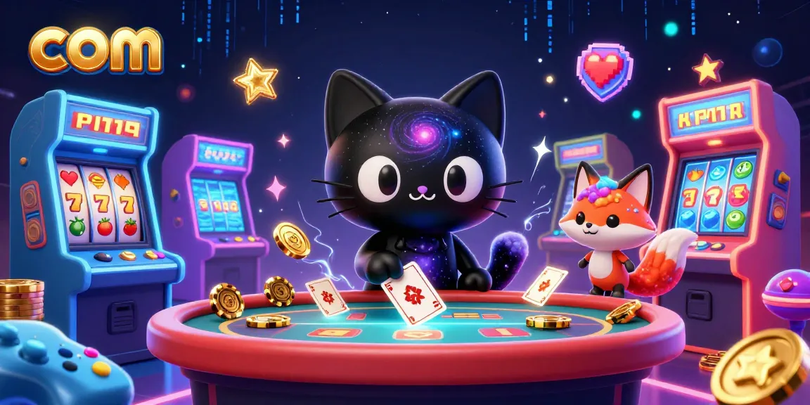 Spin and win at com's cosmic casino with a black hole cat and playful nebula fox in a vibrant, fantasy scene.