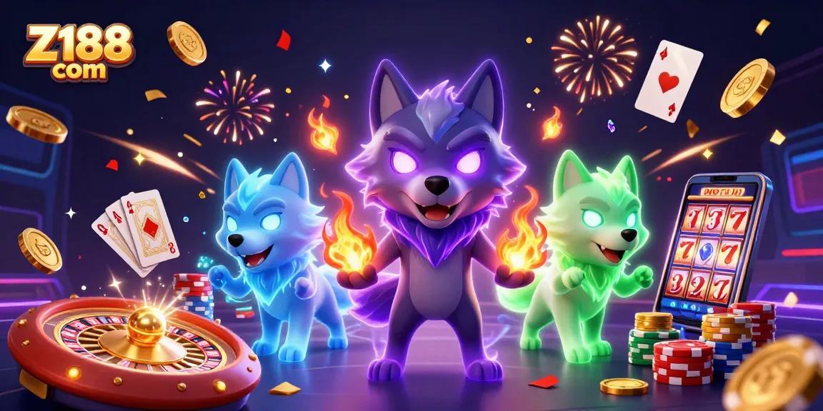 Engage with the thrilling universe of Z188 com, featuring ghostly wolves, casino symbols, and vibrant energy!